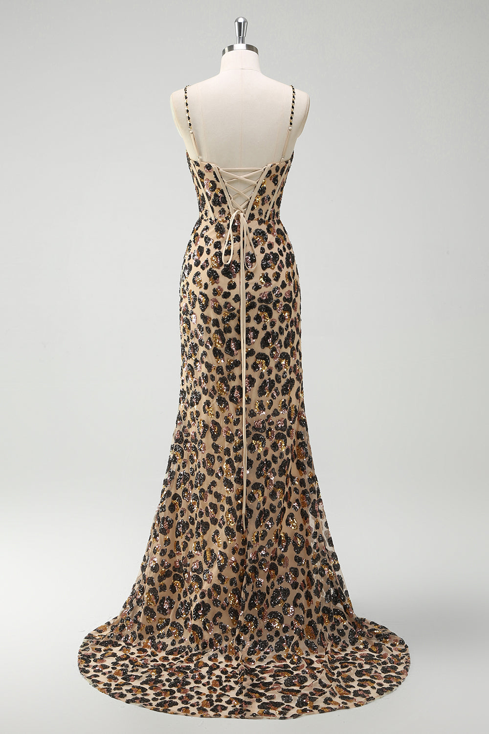 Khaki Leopard Spaghetti Straps Sequins Mermaid Long Corset Prom Dress with Slit