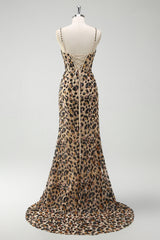 Khaki Leopard Spaghetti Straps Sequins Mermaid Long Corset Prom Dress with Slit