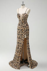 Khaki Leopard Spaghetti Straps Sequins Mermaid Long Corset Prom Dress with Slit