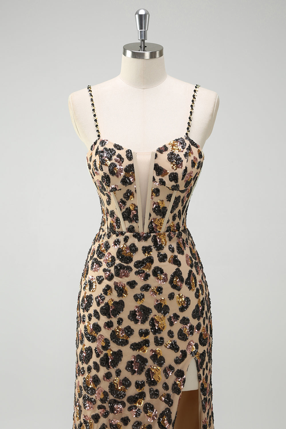 Khaki Leopard Spaghetti Straps Sequins Mermaid Long Corset Prom Dress with Slit