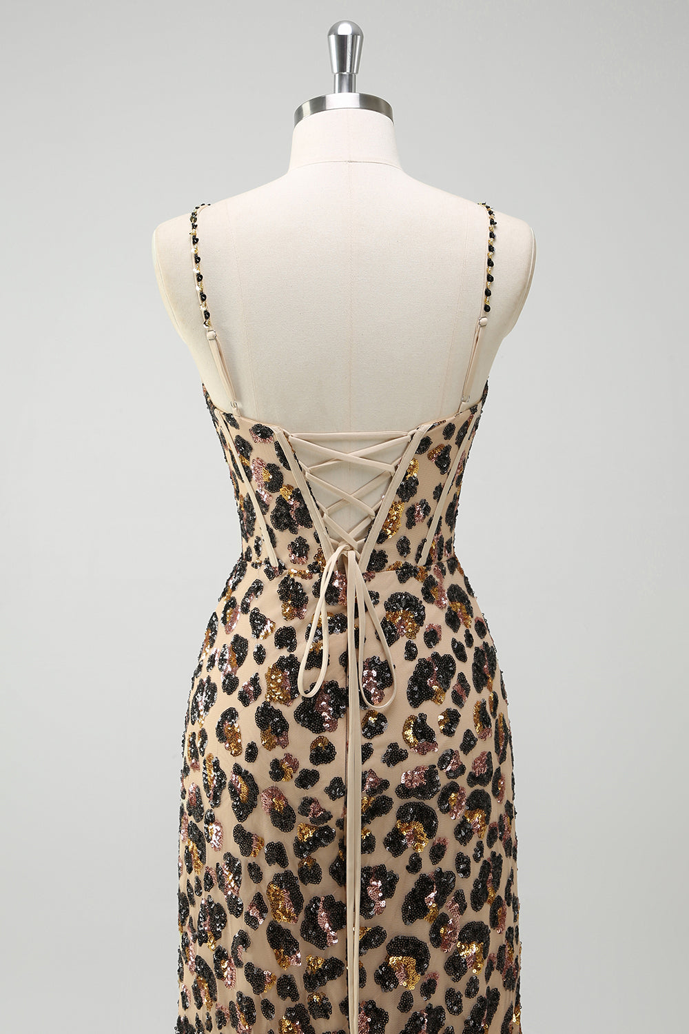 Khaki Leopard Spaghetti Straps Sequins Mermaid Long Corset Prom Dress with Slit