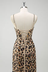 Khaki Leopard Spaghetti Straps Sequins Mermaid Long Corset Prom Dress with Slit