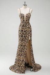 Khaki Leopard Spaghetti Straps Sequins Mermaid Long Corset Prom Dress with Slit