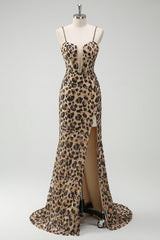 Khaki Leopard Spaghetti Straps Sequins Mermaid Long Corset Prom Dress with Slit