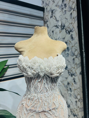 Gorgeous Long Mermaid Lace Beaded Strapless Prom Dress with Pearls