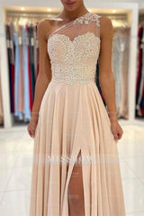 Lace Appliques A-Line Sleeveless One-Shoulder Simple Prom Dress