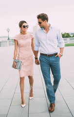 Lace Blushing Pink Formal Dresses Knee Length Wedding Party Dress