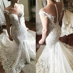 Lace Mermaid Wedding Dress Glamorous Sheer Tulle Bridal Wears with Buttons