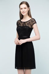 Lace Top Chiffon A-line Short Scoop Bridesmaid Dresses