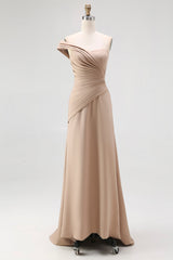 Light Khaki Ruched One Shoulder Sheath Long Satin Gala Dress