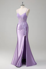 Lilac Spaghetti Straps Satin Mermaid Long Prom Dress with Appliques