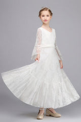 Long A-line Lace V-neck Floor Length Flower Girl Dress with Sleeves