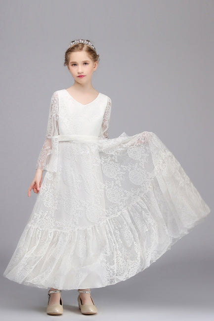 Long A-line Lace V-neck Floor Length Flower Girl Dress with Sleeves