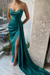 Long Dark Green Mermaid Sleeveless Satin Evening Dresses With Slit