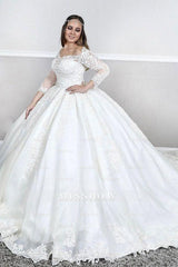 Long Sleeves Lace Square neck puffy Princess Wedding Dress