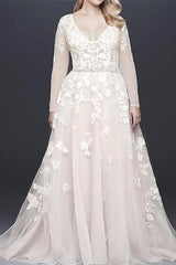 Long Sleeves V-Neck s Belt Wedding Dress