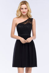Lovely Lace Black One-shoulder Short Junior Bridesmaid dresses