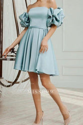 Lovely Short A-line Blue Off-the-shoulder Satin Homecoming Dresses