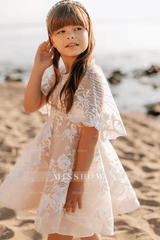 Lovely White A-line 3/4 Sleeves Appliques Flower Girls Dress With Lace
