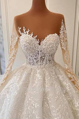 Luxurious A-line Long Sleeve Lace Ball Gown Princess Wedding Dresses