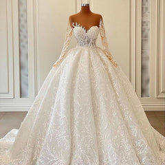 Luxurious A-line Long Sleeve Lace Ball Gown Princess Wedding Dresses