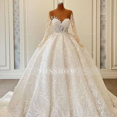Luxurious A-line Long Sleeve Lace Ball Gown Princess Wedding Dresses