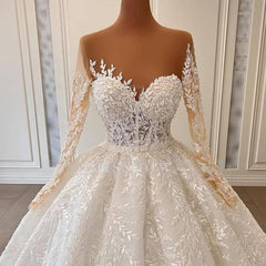 Luxurious A-line Long Sleeve Lace Ball Gown Princess Wedding Dresses