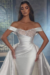 Luxurious A-line Satin Off-the-shoulder Beading Sleeveless Wedding Dresses With Glitter