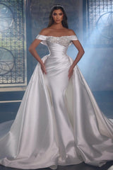 Luxurious A-line Satin Off-the-shoulder Beading Sleeveless Wedding Dresses With Glitter