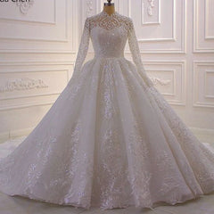 Luxurious High Neck A-line Lace Sequined Wedding Dress With Long Sleeves