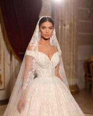 Luxurious Long A-line Off-the-shoulder Lace Beading Wedding Dress