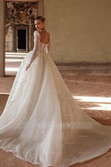 Luxurious Long Ivory A-line Square Neck Lace Beading Wedding Dress with Long Sleeves