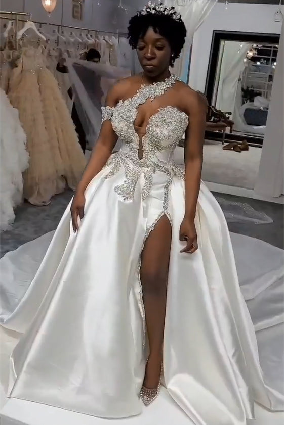 One Shoulder Wedding Dress with Jewels & Detachable Train | MisShow One Shoulder Wedding Dress with Jewels & Detachable Train | MisShow