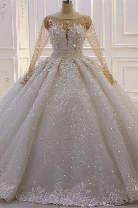 Luxurious Princess A-line Long Sleeves Flowers Lace Wedding Dress