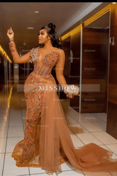 Luxury Beadings mermaid Prom Dress Long Sleeves with Tulle Train