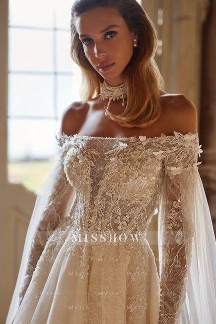 Luxury Beautiful Off-the-shoulder long sleeves a-line lace Wedding Dresses beading