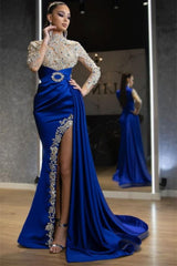 Luxury Halter Royal Blue Satin Mermaid Evening Maxi Dress Long Sleeves Crystals Gold Appliques Party Dress
