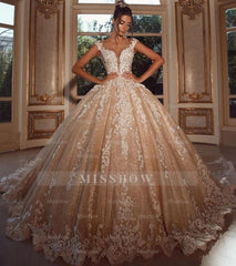 Luxury Long Glitter Wedding Dresses Princess with Lace