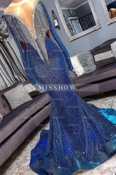 Luxury Mermaid Long Sleeve Shiny Blue Tassels Junior Prom Dresses with Court Train