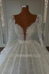 Luxury Princess A-line V-neck Lace Wedding Dresses With Long Sleeves