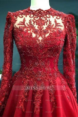 Luxury Red Evening Dresses With Sleeves Prom Dress with Lace