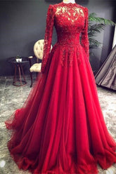 Luxury Red Evening Dresses With Sleeves Prom Dress with Lace