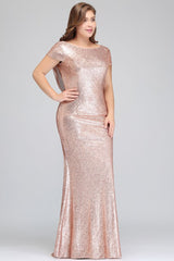 Mermaid Bateau Short sleeves Plus size Floor Length Sequins Formal Dresses