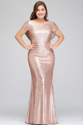 Mermaid Bateau Short sleeves Plus size Floor Length Sequins Formal Dresses