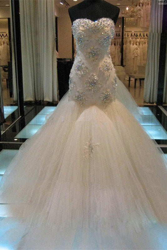 Mermaid Beading Sleeveless Tulle Sweetheart Wedding Dress