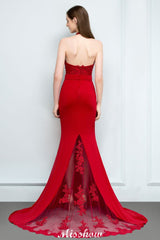 Mermaid Charmeuse Lace Halter SleevelessBridesmaid Dress Floor-Length Prom Dress