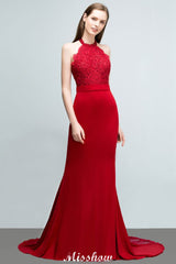 Mermaid Charmeuse Lace Halter SleevelessBridesmaid Dress Floor-Length Prom Dress