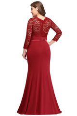 Mermaid Crew Floor Length Plus size Lace Formal Dresses with Sash