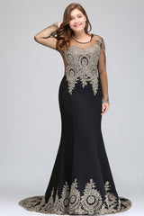 Mermaid Crew Floor Length Plus size Long Sleeves Evening Dresses with Appliques