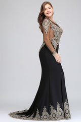 Mermaid Crew Floor Length Plus size Long Sleeves Evening Dresses with Appliques